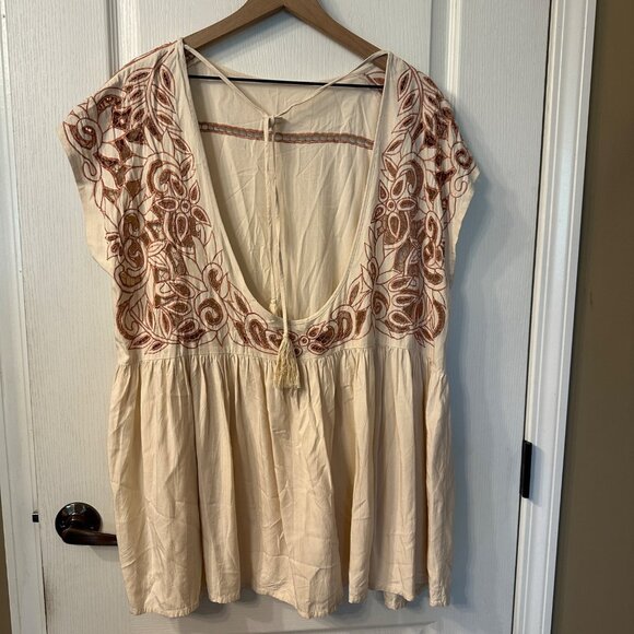Free People | Ayu XS Boho Hippie Nude Short Sleeve Oversized Tunic Dress Open - Picture 12 of 15